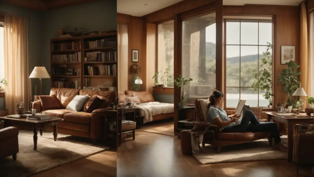 Image divided into two scenes, one showing a person working at home on a computer and the other enjoying leisure activities, representing the balance between online work and personal life.