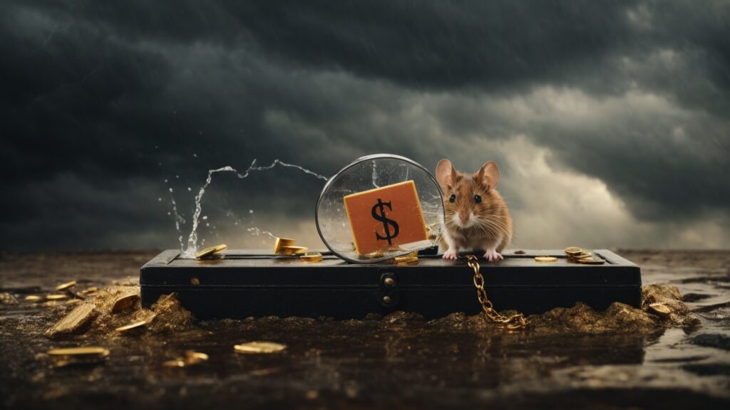 Symbolic traps representing online business mistakes, including a money mouse trap, neglected website under a magnifying glass, and a cracked social media icon, against a stormy backdrop.