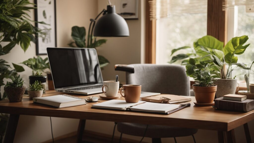 Cozy home office setup with a computer, notepad, coffee cup, comfortable chair, and a plant, symbolizing a productive and serene working environment.