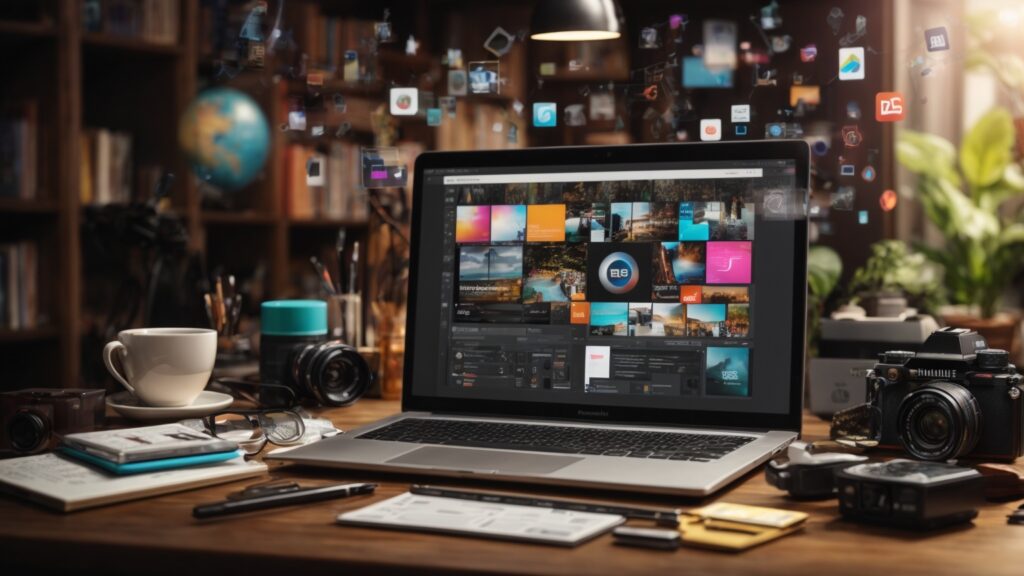 Montage of a laptop with digital content, surrounded by social media icons, SEO tools, video editing software, and analytics graphs, depicting content and marketing strategies.