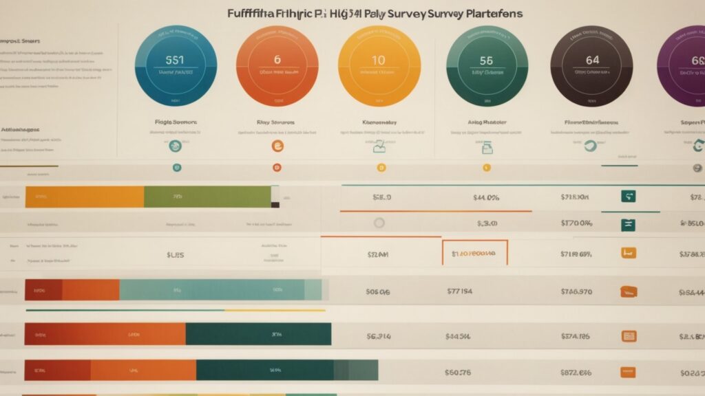 Comparison chart of high-paying survey platforms with ratings on user interface, survey types, and average payouts, visually comparing key features.