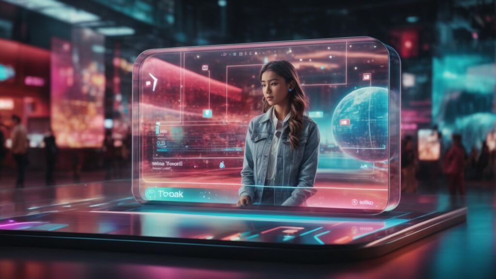 Holographic display of TikTok interface with 3D elements of short videos, interactive polls, and global trends, symbolizing the future of TikTok Organic Marketing.