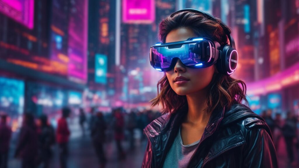 Futuristic image of a person in VR goggles interacting with holographic ads in a digital cityscape, symbolizing the advanced future of ads watching.
