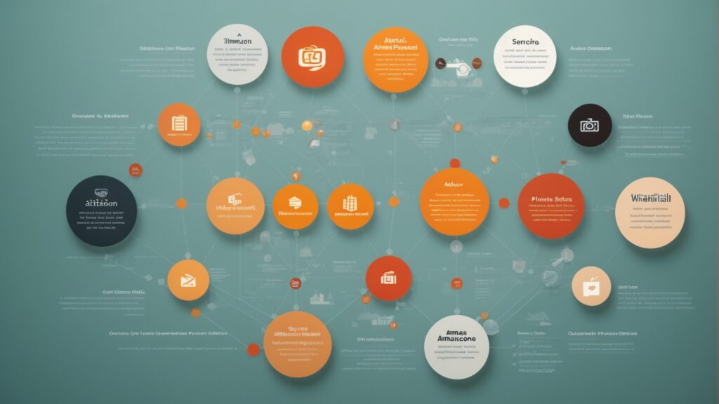 Infographic depicting platform-specific strategies, with a flowchart for Amazon branding and SEO, and Etsy's personalized products and community engagement tips.