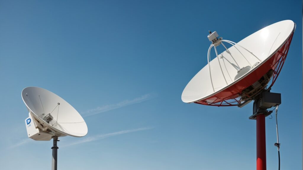 Split-screen image comparing Dish Network and DirecTV satellites under a clear blue sky with a central question mark.