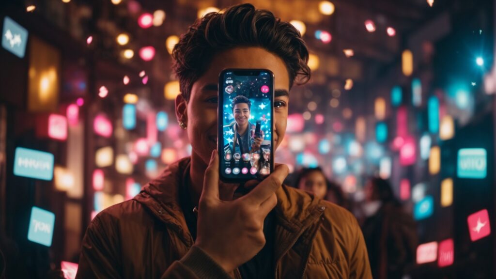 An excited person watching a viral TikTok video on their phone, surrounded by icons of fame like stars and thumbs-up, emphasizing the allure of viral content.