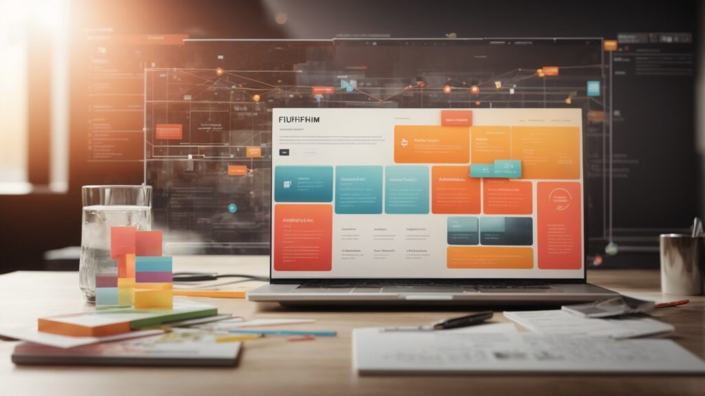 3D model of a modern website interface with sections for content, design, and user experience, complemented by analytical graphs and social media icons.