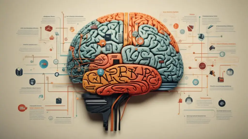 Graphic of a digital brain segmented into areas for SEO, Technical Writing, and Content Marketing, surrounded by icons of essential skills for remote writers.