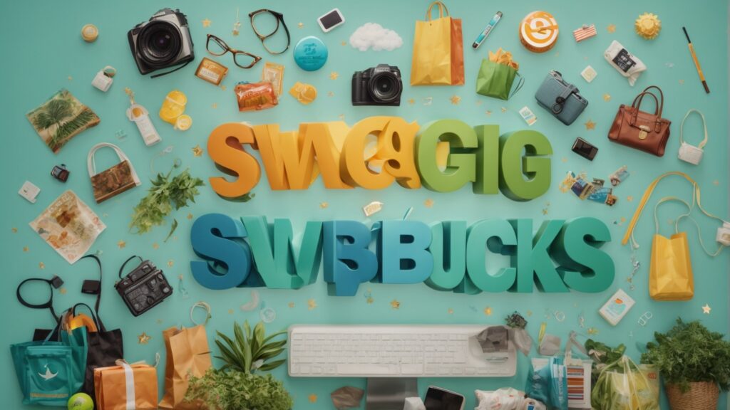 Artistic depiction of the Swagbucks logo with icons representing videos, surveys, and shopping, symbolizing earning methods on the platform.