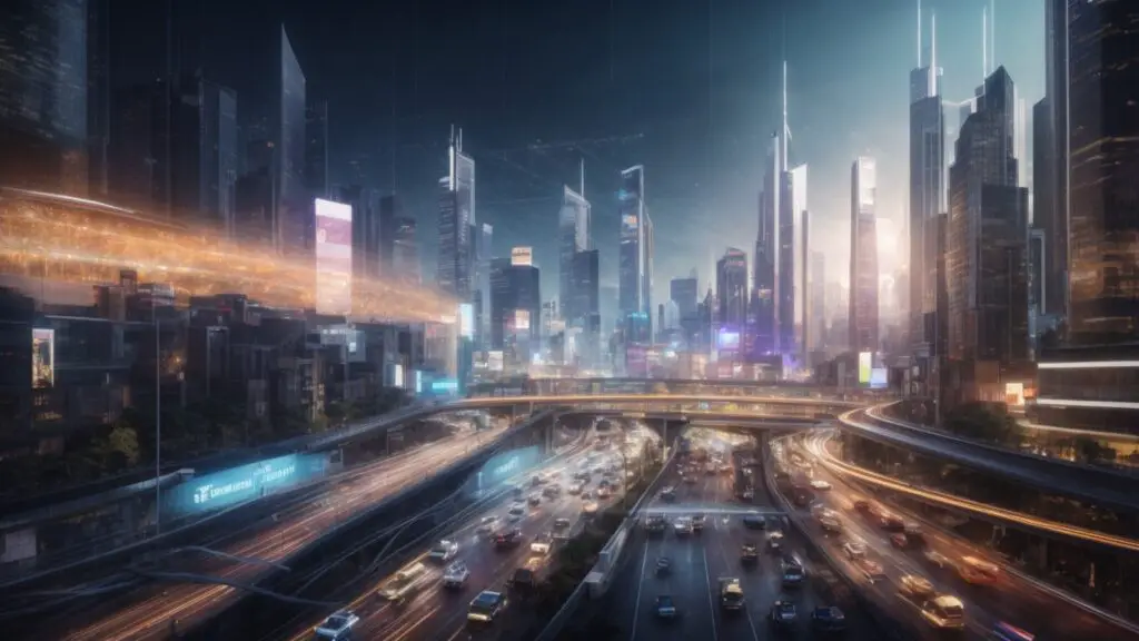 Futuristic digital cityscape with light streams symbolizing website traffic converging towards a central glowing website icon, depicting traffic maximization.