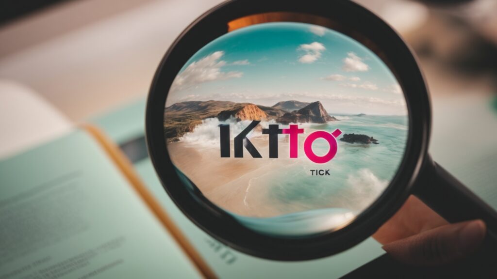 Magnifying glass on TikTok logo surrounded by symbols of comments, likes, and shares, representing exploration of TikTok Organic Marketing.