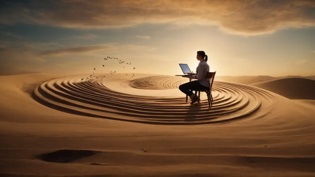 Montage depicting the evolving journey of a remote writer, from starting at a desk to achieving success, represented in a spiral career pathway.
