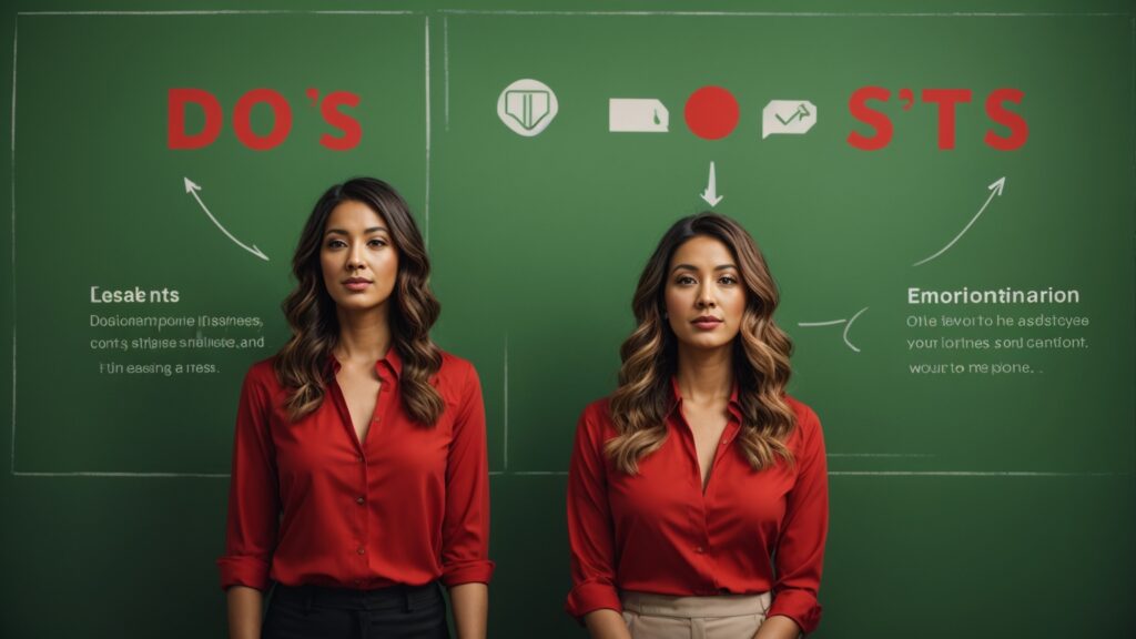 A split image showing 'Do's' and 'Don'ts' in workplace reactions, with contrasting behaviors illustrated in green and red.