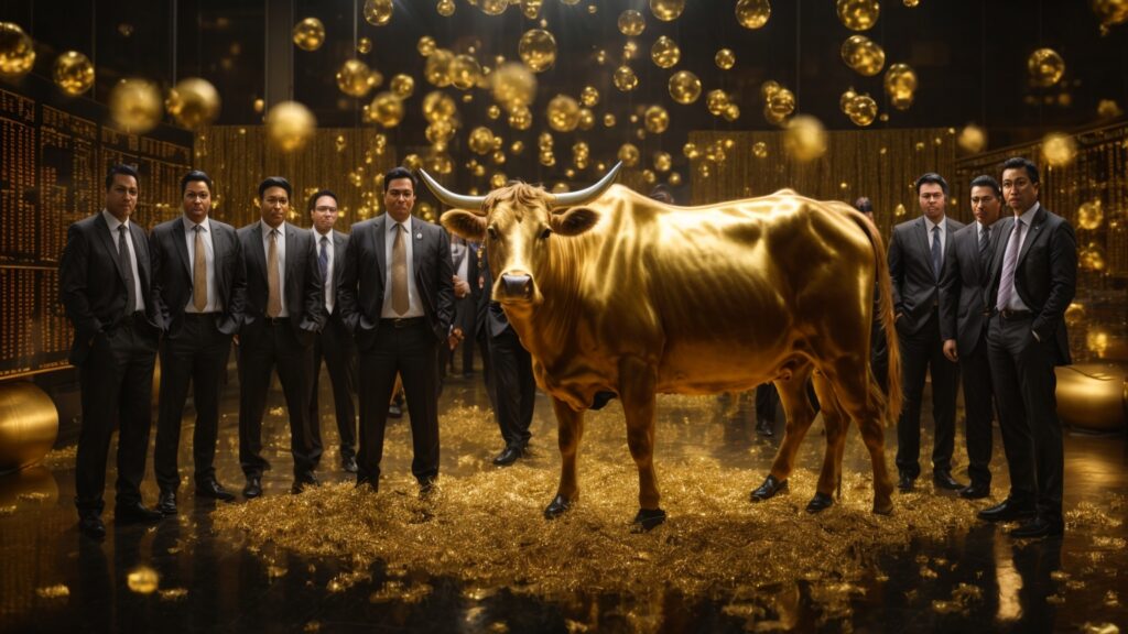 Golden cow surrounded by financial professionals trading glowing orbs of stocks and bonds, symbolizing profits from securities lending.