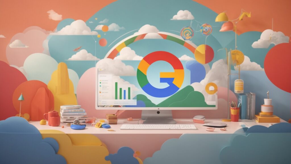 Central Google logo surrounded by illustrations of a business website, a YouTube channel, and a rising SEO chart, in Google's brand colors.