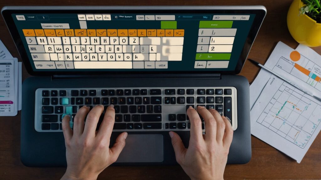 Freelancer's hands typing rapidly on a keyboard with motion blur, surrounded by timers and progress charts, symbolizing the focus on speed improvement.