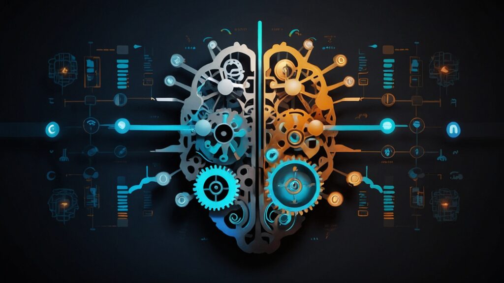 Brain with gears and positive thinking icons, surrounded by checklists, ideas, and time management symbols.