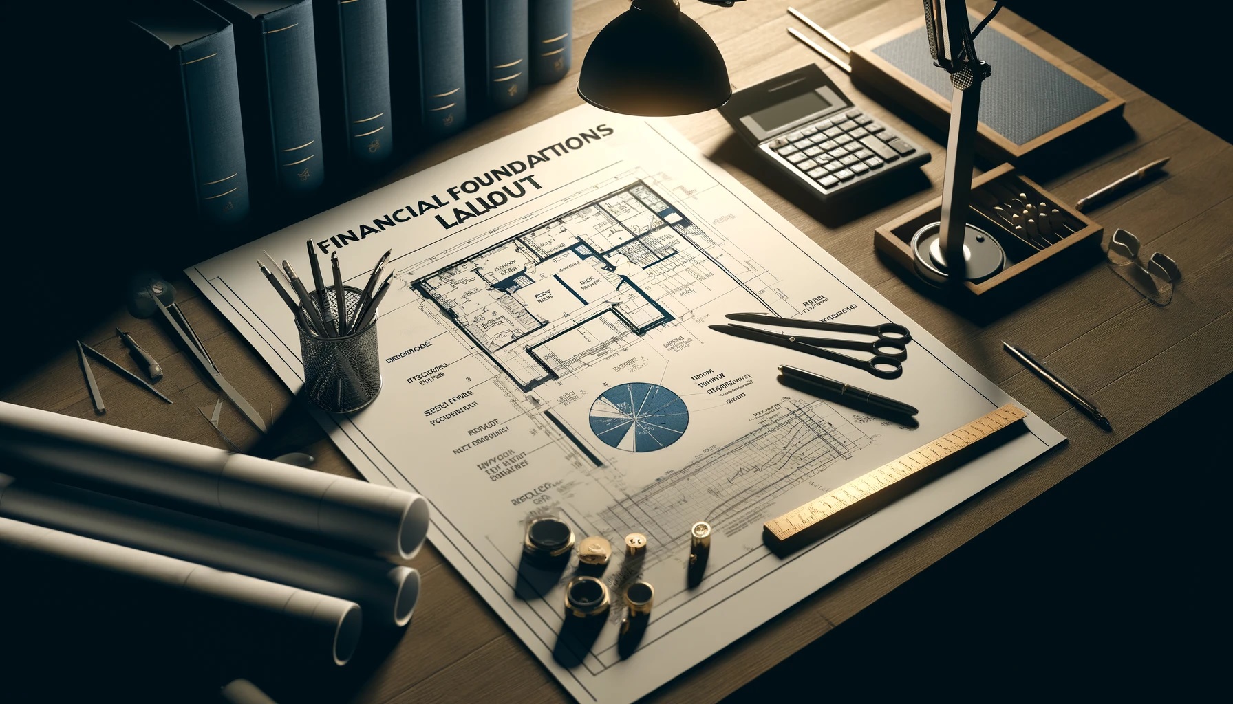 Architectural blueprints for financial planning on a drafting table, symbolizing the foundations of wealth strategy.
