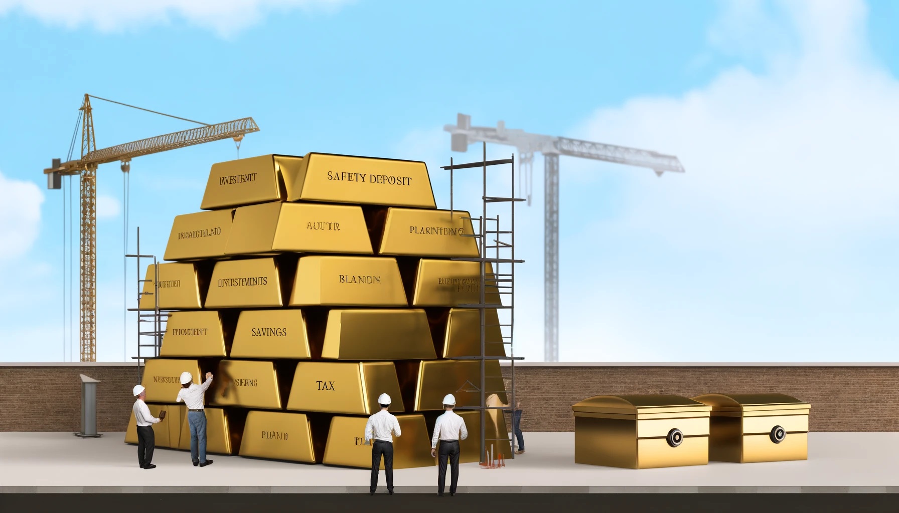 Construction workers building a structure with gold bars and safety deposit boxes representing financial building blocks.