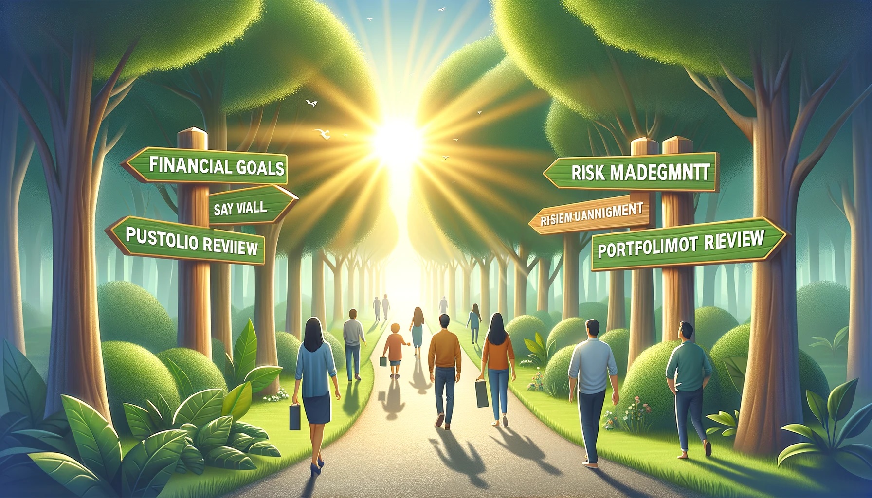 People of various ages following a path with signposts representing steps in a wealth strategy journey.